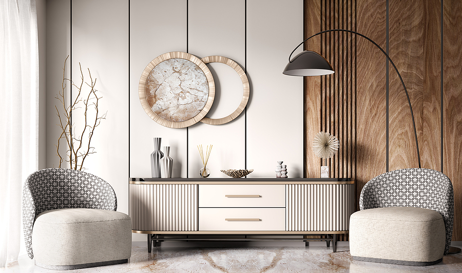 Interior Of Modern Living Room With Beige Sideboard Over Wooden