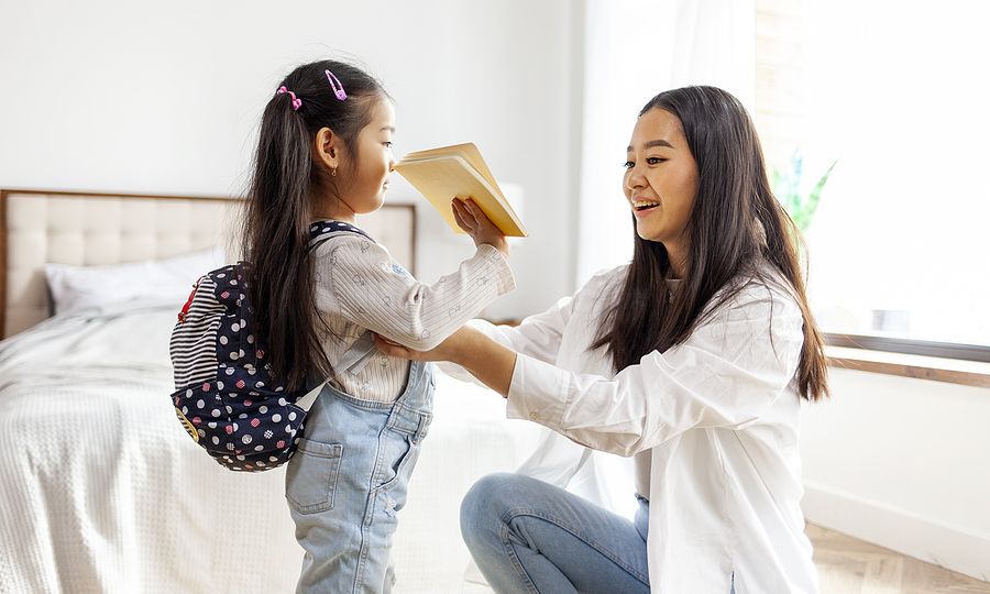 Back To School, Korean Woman Helps Her Daughter Get Ready For Sc
