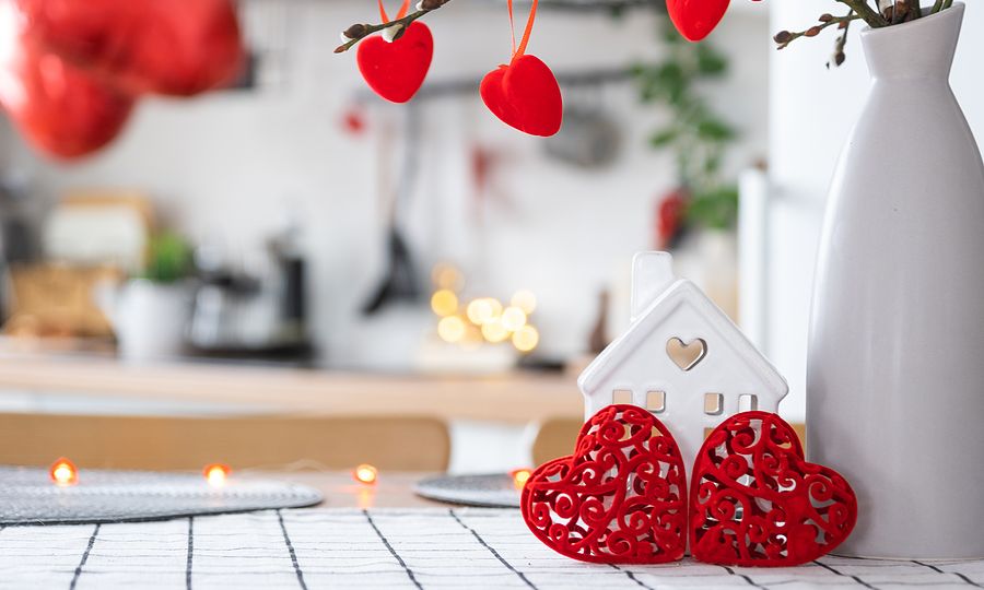 Valentine Decor On Table Of White Kitchen In Cozy Home. Copy Spa