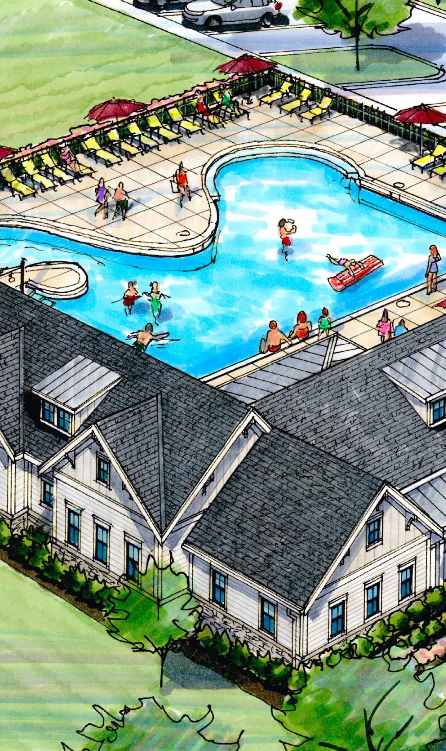 A graphic of a pool and pool house in Arbor Valley