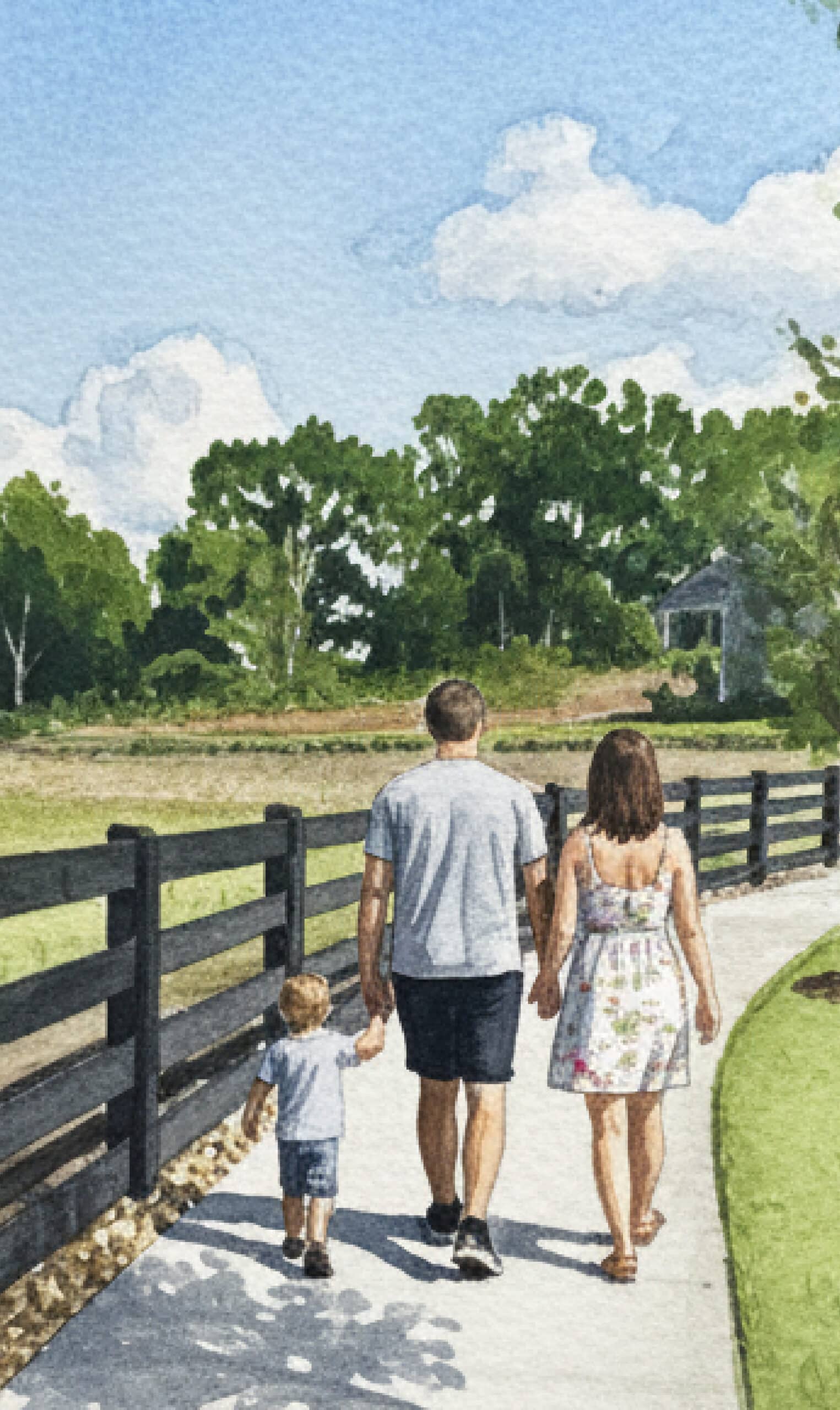 A painting of a family walk down a path